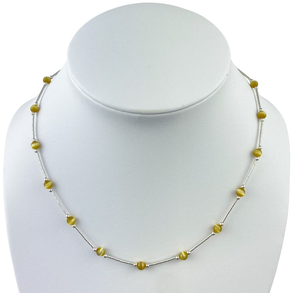 Vintage Sterling Silver 925 Gold Cat’s Eye Necklace 16"
